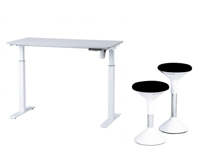 Bild: Paketpris - Komplett höj-och sänkbart skrivbord i vit kulör inklusive en balansstol. Denna prisvärda kombination erbjuder 