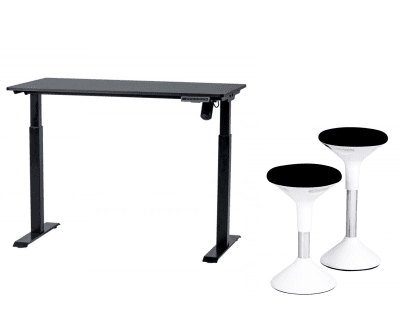Paketpris - Komplett höj-och sänkbart skrivbord i svart färg inklusive en balansstol. Denna prisvärda kombination erbjuder en er